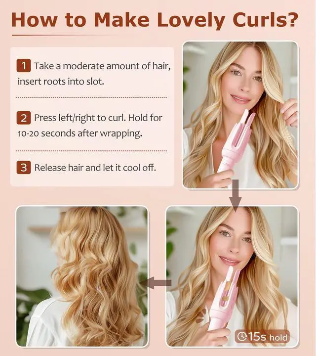 Alt view image 7 of 7 - _Mega Brand Auto Hair Curler, Automatic Curling Iron with 4 Temperature & 3 Timer, Automatic Shut-Off, Anti-Scald, Anti-Tangle Rotating Curling Wand for Hair Styling, Pink