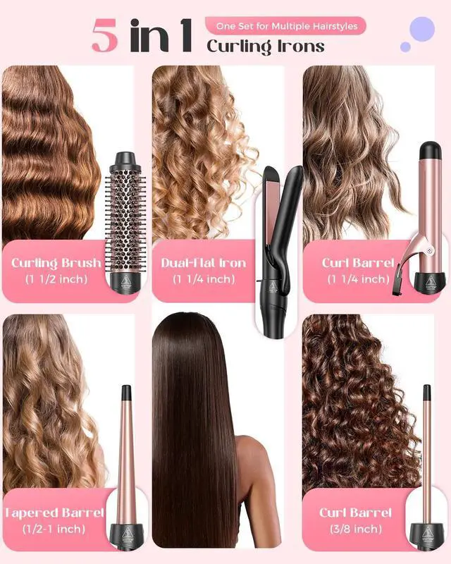 Alt view image 2 of 7 - Hoygi 5 in 1 Curling Iron with Thermal Brush and 4 Interchangeable Ceramic Barrels(1/2 to 1 1/2 inch), Curling Wand Set with Flat Iron, Fast Heating, Dual Voltage Hair Curler, Gifts for Women
