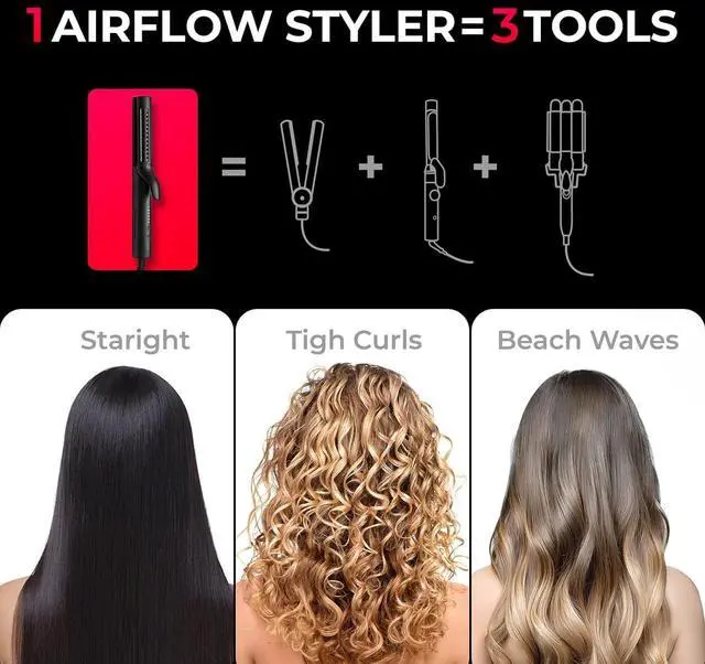Alt view image 3 of 7 - Airflow 2.0 Curling Iron Flat Iron - Hair Straightener and Curler 2 in 1, 1.25 Inch Curling Wand for Long Short Hair, Dual Voltage for Travel, 54 Million Ionic, Anti-Tangle, 5 Temps, Black