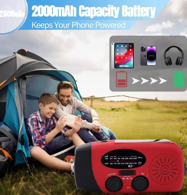 Alt view image 4 of 7 - _Mega Brand Emergency Weather Radio AM/FM/NOAA with 2000mAh, Portable Hand Crank Radio with Phone Charger, USB Charged, 3 LED Flashlight, Emergency Battery Radio with SOS for Indoor/Outdoor Emergency