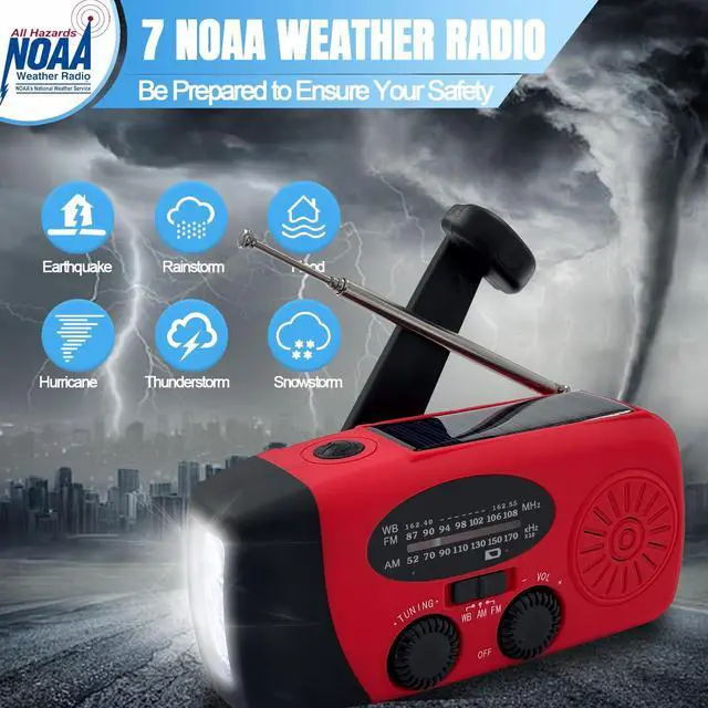 Alt view image 5 of 7 - _Mega Brand Emergency Weather Radio AM/FM/NOAA with 2000mAh, Portable Hand Crank Radio with Phone Charger, USB Charged, 3 LED Flashlight, Emergency Battery Radio with SOS for Indoor/Outdoor Emergency