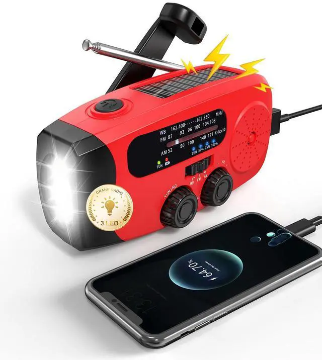 Main image of _Mega Brand Hand Crank Emergency Radio - 2000mAh/7400mWh AM/FM/NOAA Solar Hand Crank Emergency Radio with 3 LED Flashlights, SOS Function for Emergencies, Camping - Red