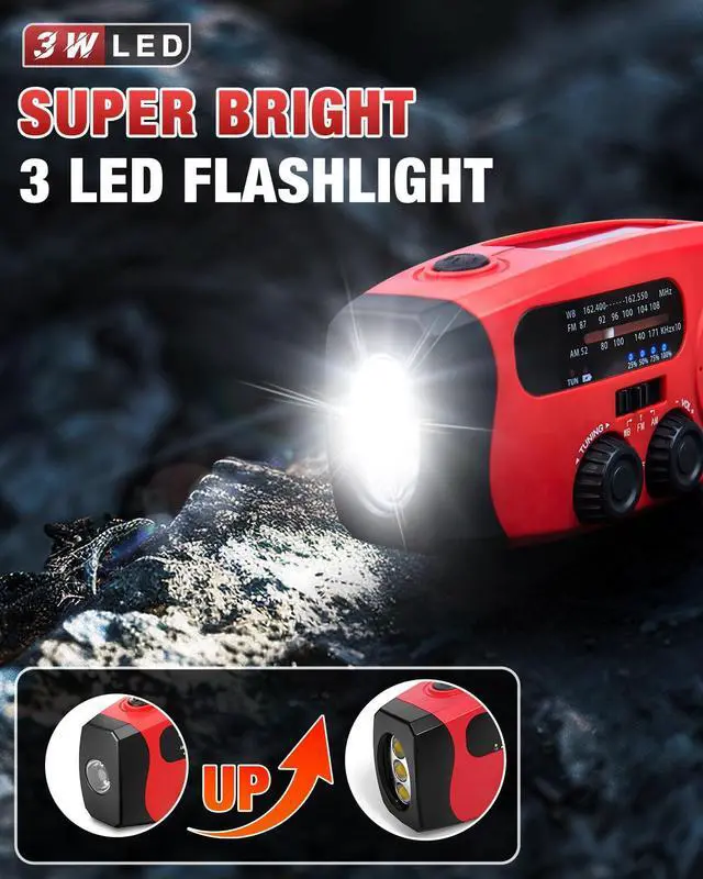 Alt view image 2 of 7 - _Mega Brand Hand Crank Emergency Radio - 2000mAh/7400mWh AM/FM/NOAA Solar Hand Crank Emergency Radio with 3 LED Flashlights, SOS Function for Emergencies, Camping - Red