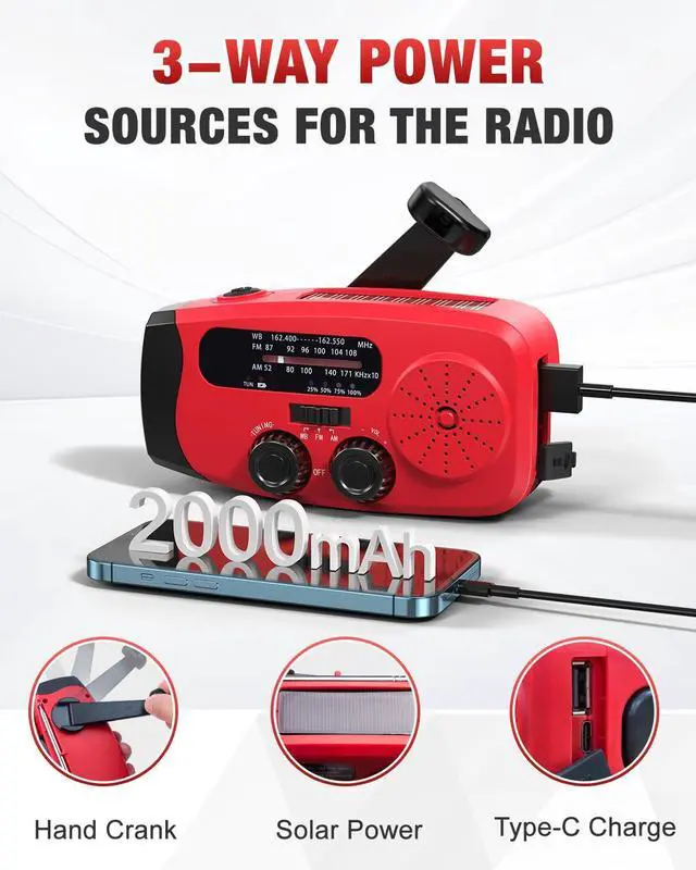 Alt view image 6 of 7 - _Mega Brand Hand Crank Emergency Radio - 2000mAh/7400mWh AM/FM/NOAA Solar Hand Crank Emergency Radio with 3 LED Flashlights, SOS Function for Emergencies, Camping - Red
