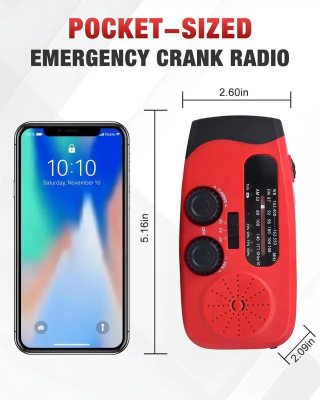 Alt view image 7 of 7 - _Mega Brand Hand Crank Emergency Radio - 2000mAh/7400mWh AM/FM/NOAA Solar Hand Crank Emergency Radio with 3 LED Flashlights, SOS Function for Emergencies, Camping - Red