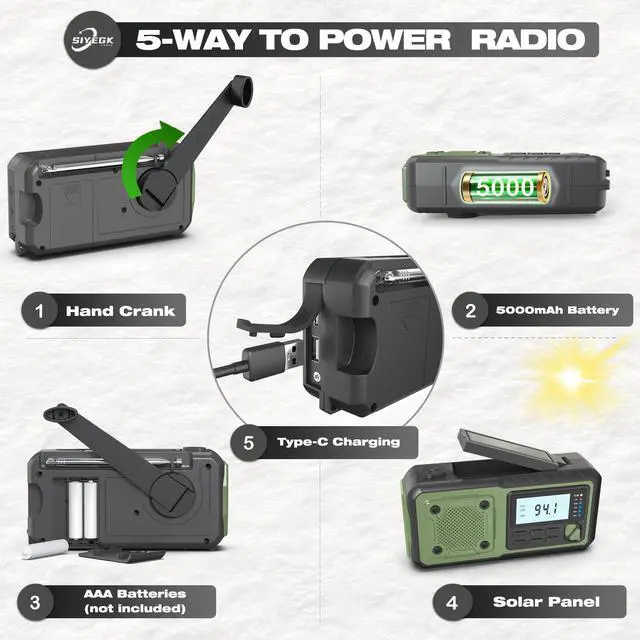 Alt view image 6 of 7 - _Mega Brand Crank Emergency Radio, Weather Radios5000mAh, Solar Radios with Hand Crank Emergencies, NOAA/AM/FM Weather Alert Radio, SOS Alarm,Flashlight & Reading Lamp, for Indoor Outdoor Survival
