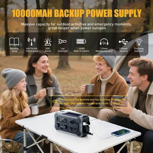 Alt view image 2 of 7 - _Mega BrandHand Crank Emergency Radio, 10000mAh Weather Radio with AM/FM/NOAA, Solar Prower, SOS Alarm, Phone Charging, LED Flashlight, Portable Survival Gear for Outdoor & Home Emergencies Kits, Grey