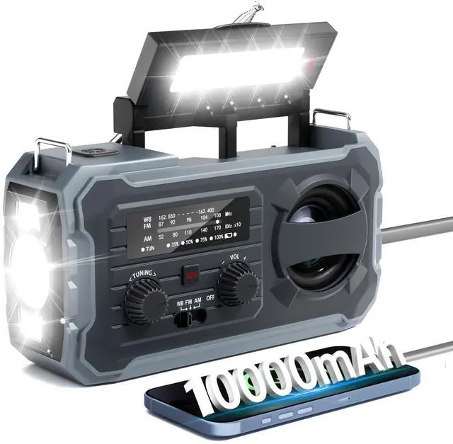 Main image of _Mega BrandHand Crank Emergency Radio, 10000mAh Weather Radio with AM/FM/NOAA, Solar Prower, SOS Alarm, Phone Charging, LED Flashlight, Portable Survival Gear for Outdoor & Home Emergencies Kits, Grey