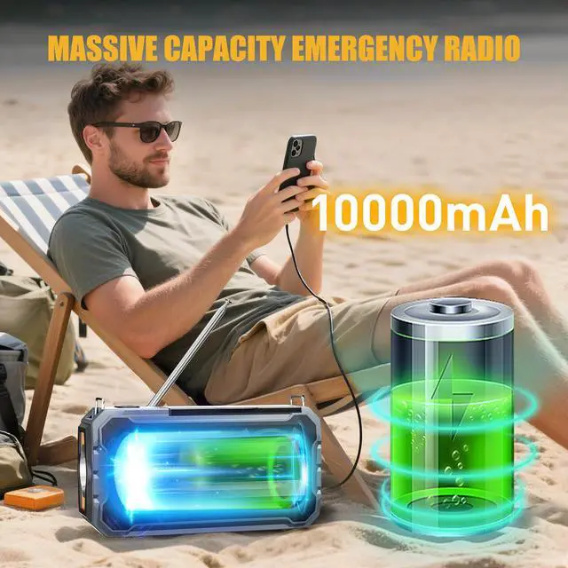 Alt view image 5 of 7 - _Mega BrandHand Crank Emergency Radio, 10000mAh Weather Radio with AM/FM/NOAA, Solar Prower, SOS Alarm, Phone Charging, LED Flashlight, Portable Survival Gear for Outdoor & Home Emergencies Kits, Grey