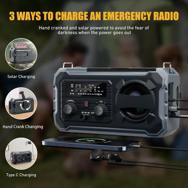 Alt view image 6 of 7 - _Mega BrandHand Crank Emergency Radio, 10000mAh Weather Radio with AM/FM/NOAA, Solar Prower, SOS Alarm, Phone Charging, LED Flashlight, Portable Survival Gear for Outdoor & Home Emergencies Kits, Grey