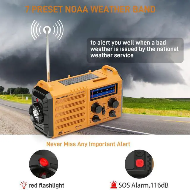 Alt view image 2 of 7 - _Mega Brand Emergency Radio with NOAA Weather Alert 5000mAh Solar Hand Crank Portable AM/FM Shortwave Radio, USB Charger, Flashlight, SOS Alarm for Home Outdoor Hurricane Survival