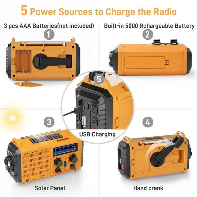Alt view image 3 of 7 - _Mega Brand Emergency Radio with NOAA Weather Alert 5000mAh Solar Hand Crank Portable AM/FM Shortwave Radio, USB Charger, Flashlight, SOS Alarm for Home Outdoor Hurricane Survival