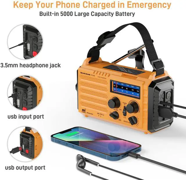 Alt view image 4 of 7 - _Mega Brand Emergency Radio with NOAA Weather Alert 5000mAh Solar Hand Crank Portable AM/FM Shortwave Radio, USB Charger, Flashlight, SOS Alarm for Home Outdoor Hurricane Survival