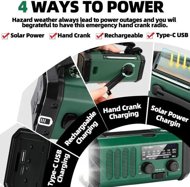 Alt view image 5 of 7 - _Mega Brand Hand Crank Emergency Radio,37000mWhSolar Powered Hand Crank Portable NOAA AM FM Weather Radio with 3Mode Flashlight and Reading Light,Cell Phone Charger,Home and Emergency Distress Signal