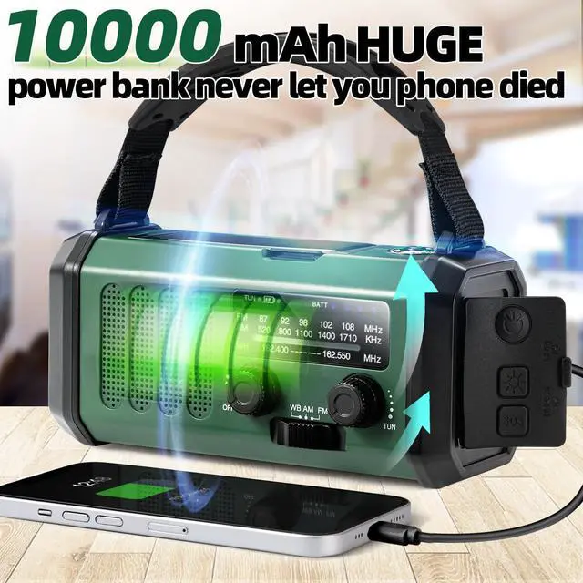 Alt view image 3 of 7 - _Mega Brand Hand Crank Emergency Radio,37000mWhSolar Powered Hand Crank Portable NOAA AM FM Weather Radio with 3Mode Flashlight and Reading Light,Cell Phone Charger,Home and Emergency Distress Signal