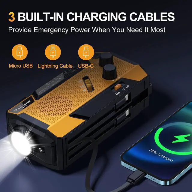 Alt view image 2 of 7 - _Mega Brand Hand Crank Emergency  Weather Radio 7400mWh Battery Operated 3 in 1 Charging Cable Hand Crank Charger with AM FM Portable Solar Powered Radio for Winter Storm Hurricane Survival Gear