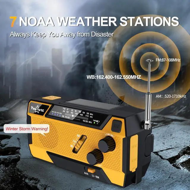 Alt view image 3 of 7 - _Mega Brand Hand Crank Emergency  Weather Radio 7400mWh Battery Operated 3 in 1 Charging Cable Hand Crank Charger with AM FM Portable Solar Powered Radio for Winter Storm Hurricane Survival Gear