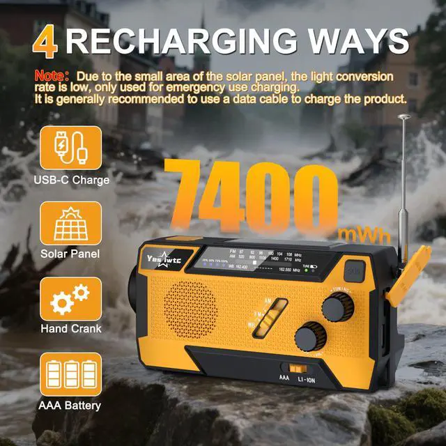 Alt view image 5 of 7 - _Mega Brand Hand Crank Emergency  Weather Radio 7400mWh Battery Operated 3 in 1 Charging Cable Hand Crank Charger with AM FM Portable Solar Powered Radio for Winter Storm Hurricane Survival Gear