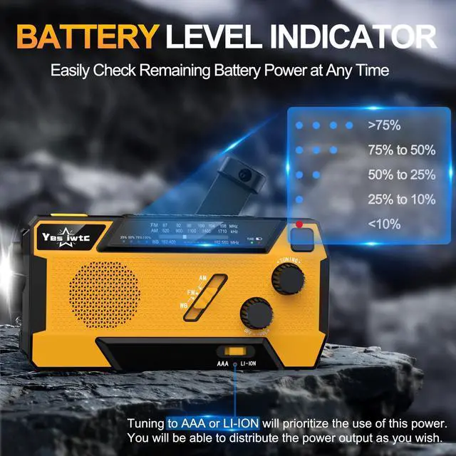 Alt view image 7 of 7 - _Mega Brand Hand Crank Emergency  Weather Radio 7400mWh Battery Operated 3 in 1 Charging Cable Hand Crank Charger with AM FM Portable Solar Powered Radio for Winter Storm Hurricane Survival Gear