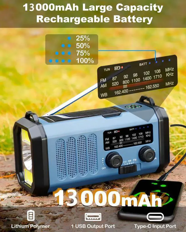 Alt view image 2 of 7 - _Mega Brand 13000mAh Emergency Radio with NOAA Weather Alert, Portable Solar Hand Crank AM/FM Radio for Survival, Rechargeable Battery Powered, USB Charger, Flashlight, Reading Lamp, for Home Outdoor