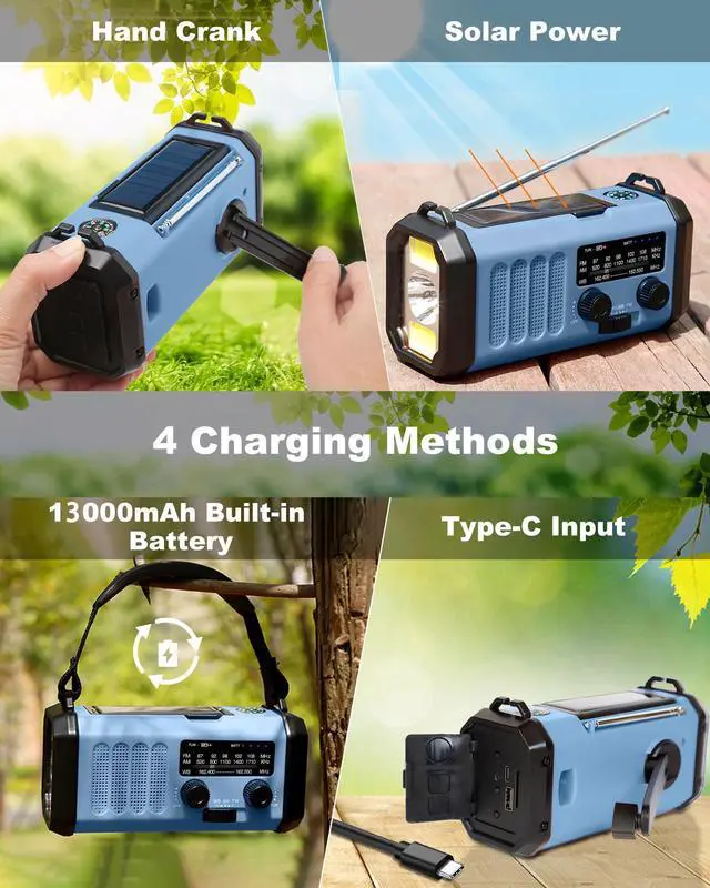 Alt view image 3 of 7 - _Mega Brand 13000mAh Emergency Radio with NOAA Weather Alert, Portable Solar Hand Crank AM/FM Radio for Survival, Rechargeable Battery Powered, USB Charger, Flashlight, Reading Lamp, for Home Outdoor