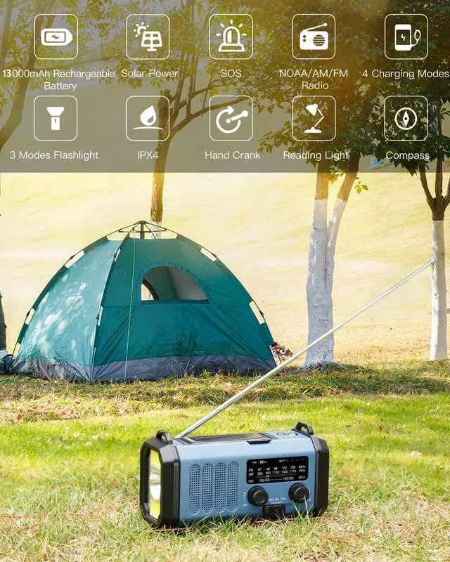 Alt view image 4 of 7 - _Mega Brand 13000mAh Emergency Radio with NOAA Weather Alert, Portable Solar Hand Crank AM/FM Radio for Survival, Rechargeable Battery Powered, USB Charger, Flashlight, Reading Lamp, for Home Outdoor