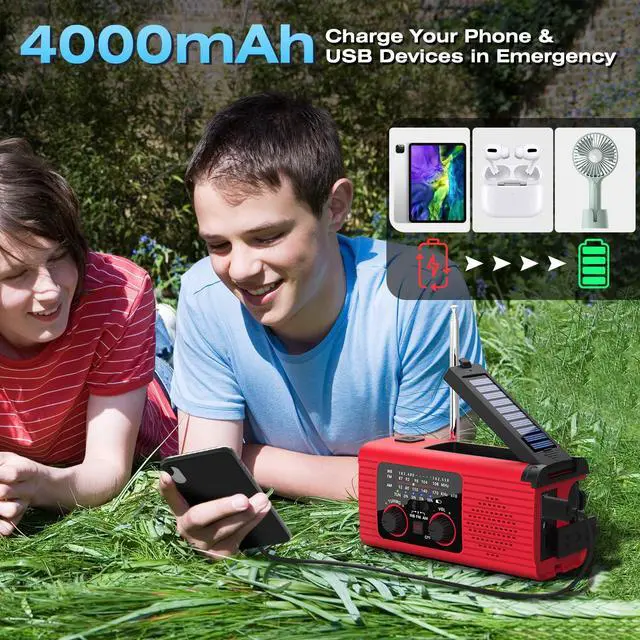 Alt view image 3 of 7 - _Mega Brand Emergency Weather Radio, 4000mAh NOAA Weather Alert Radio Solar Charging, Hand Crank & USB Charged, AM/FM with LED Flashlight, Reading Lamp, SOS Alarm, Headphone Jack for Outdoor Indoor