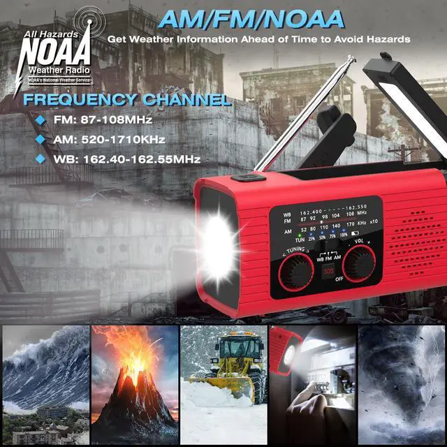 Alt view image 4 of 7 - _Mega Brand Emergency Weather Radio, 4000mAh NOAA Weather Alert Radio Solar Charging, Hand Crank & USB Charged, AM/FM with LED Flashlight, Reading Lamp, SOS Alarm, Headphone Jack for Outdoor Indoor
