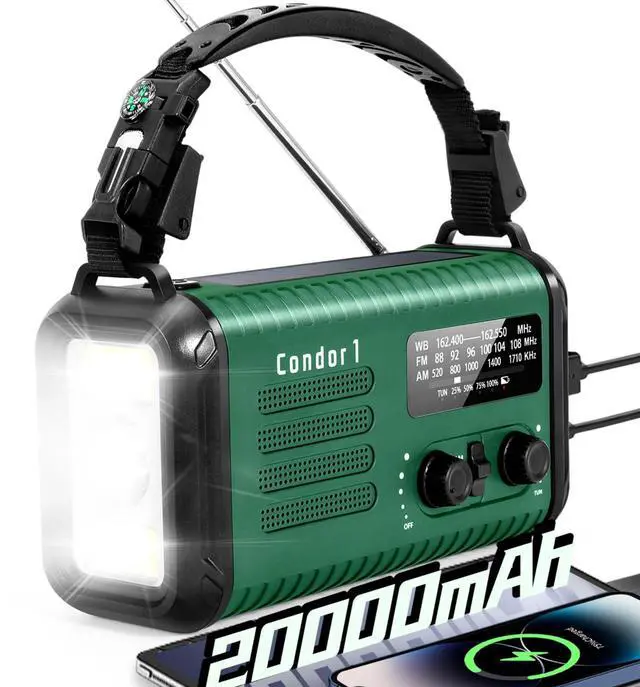 Main image of _Mega Brand , 20000mAh / 74000mWh Solar Hand Crank Weather Radio with NOAA/AM/FM, Battery Powered Radio with Cell Phone Charger, Reading Lamp, Flashlight & SOS for Emergencies/Home