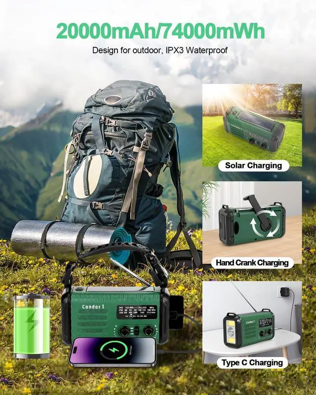 Alt view image 6 of 7 - _Mega Brand , 20000mAh / 74000mWh Solar Hand Crank Weather Radio with NOAA/AM/FM, Battery Powered Radio with Cell Phone Charger, Reading Lamp, Flashlight & SOS for Emergencies/Home