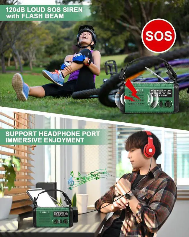 Alt view image 7 of 7 - _Mega Brand , 20000mAh / 74000mWh Solar Hand Crank Weather Radio with NOAA/AM/FM, Battery Powered Radio with Cell Phone Charger, Reading Lamp, Flashlight & SOS for Emergencies/Home