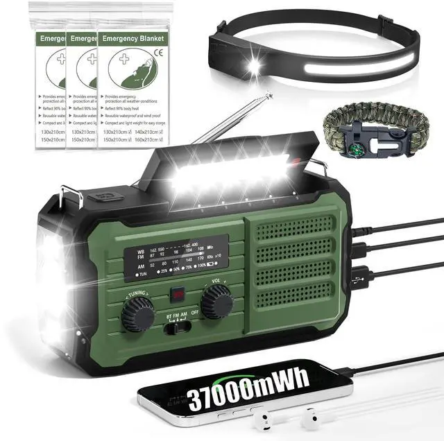 Main image of _Mega Brand Emergency Radio Hand Crank Solar, 10000mAh/37000mWh Emergency Weather Radio, Hand Crank Solar Radios with NOAA/AM/FM, Rechargeable Headlamp, Thermal Blanket,