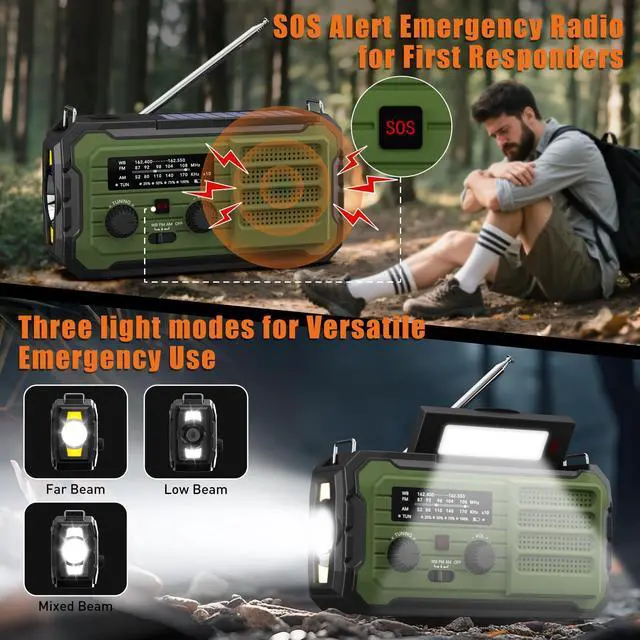 Alt view image 7 of 7 - _Mega Brand Emergency Radio Hand Crank Solar, 10000mAh/37000mWh Emergency Weather Radio, Hand Crank Solar Radios with NOAA/AM/FM, Rechargeable Headlamp, Thermal Blanket,