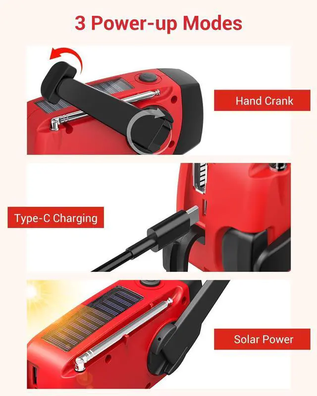 Alt view image 5 of 7 - _Mega Brand Emergency Hand Crank Radio 7400mWh with 3 LED Flashlight, AM/FM/NOAA Portable Weather Radio with Power Bank Phone Charger, Solar Powered Rechargeable Radio for Indoor Survival Camping,