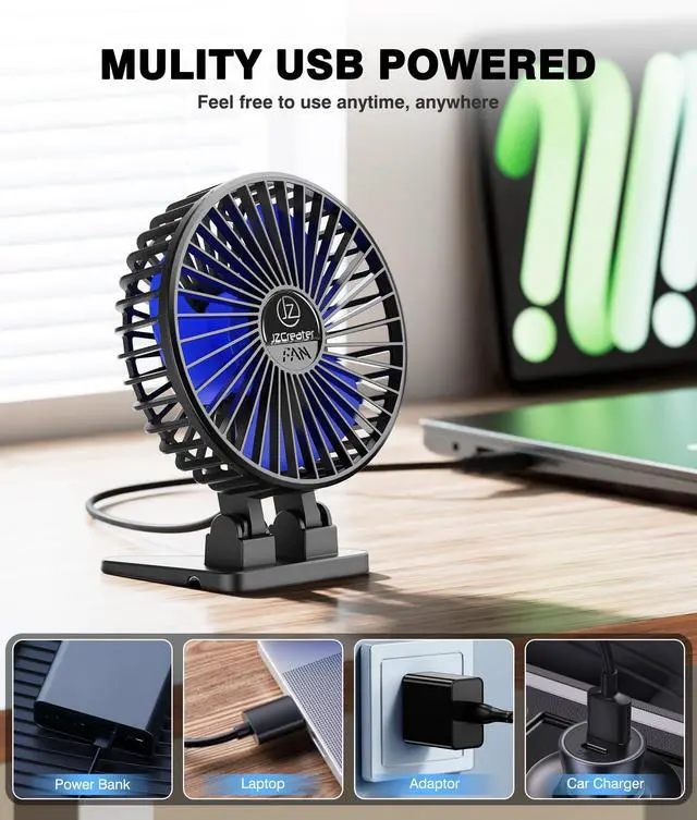 Alt view image 5 of 7 - _Mega Brand USB Desk Fan, Mini Portable Fans, 3 Speeds Desktop Table Cooling Fan, Plug in Power, Rotation Strong Wind, Quiet Personal Small for Home Office Travel Bedroom, Black Blue