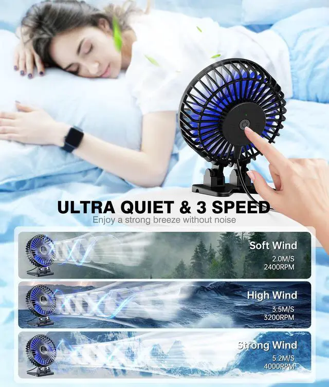 Alt view image 3 of 7 - _Mega Brand USB Desk Fan, Mini Portable Fans, 3 Speeds Desktop Table Cooling Fan, Plug in Power, Rotation Strong Wind, Quiet Personal Small for Home Office Travel Bedroom, Black Blue