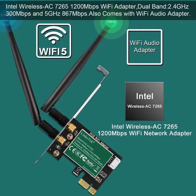 Alt view image 2 of 7 - LinksTek Wireless-AC 1200Mbps (2.4GHz 300Mbps and 5GHz 867Mbps) PCIE WiFi Adapter, PCIE WiFi Card, Intel Wireless-AC 7265 Network Adapter for Windows 11,10, 8.x, 7 (32/64bit) Desktop PCs (PCIE-AC7265)