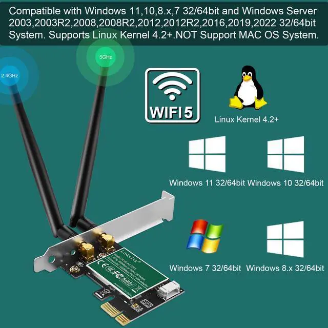 Alt view image 4 of 7 - LinksTek Wireless-AC 1200Mbps (2.4GHz 300Mbps and 5GHz 867Mbps) PCIE WiFi Adapter, PCIE WiFi Card, Intel Wireless-AC 7265 Network Adapter for Windows 11,10, 8.x, 7 (32/64bit) Desktop PCs (PCIE-AC7265)