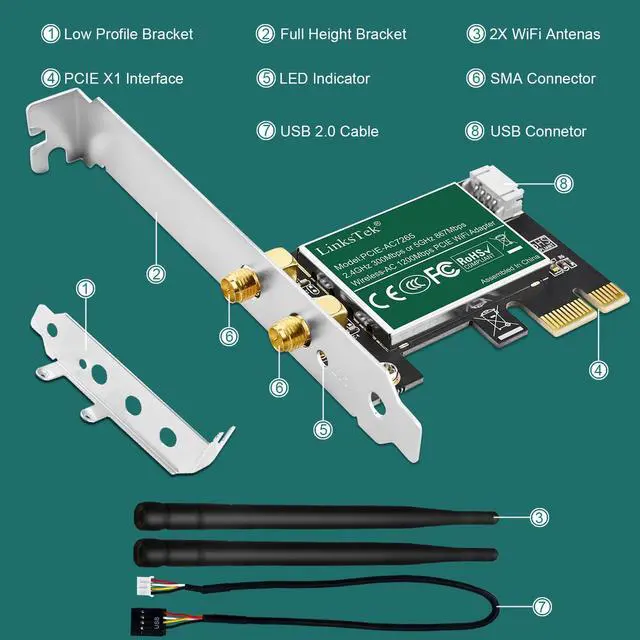 Alt view image 7 of 7 - LinksTek Wireless-AC 1200Mbps (2.4GHz 300Mbps and 5GHz 867Mbps) PCIE WiFi Adapter, PCIE WiFi Card, Intel Wireless-AC 7265 Network Adapter for Windows 11,10, 8.x, 7 (32/64bit) Desktop PCs (PCIE-AC7265)