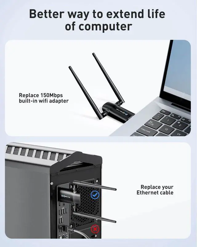 Alt view image 4 of 7 - Wireless USB WiFi Adapter for PC - Nineplus 1300Mbps Dual 5Dbi Antennas 5G/2.4G WiFi Adapter for Desktop PC Laptop Windows11/10/8/7/Vista/XP, Wireless Adapters for Desktop Computer Network Adapters