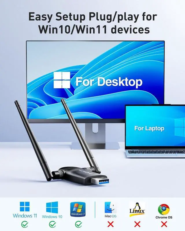 Alt view image 6 of 7 - Wireless USB WiFi Adapter for PC - Nineplus 1300Mbps Dual 5Dbi Antennas 5G/2.4G WiFi Adapter for Desktop PC Laptop Windows11/10/8/7/Vista/XP, Wireless Adapters for Desktop Computer Network Adapters