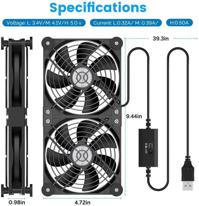 Alt view image 7 of 7 - _Mega Brand Dual USB Computer Cooling Fan High Speed 120mm Fan Adjustable 5V USB Port Heatsink Cooling Fan 12cm for Laptop Receiver DVR PlayStation Xbox Desk Computer Cabinet Cooling