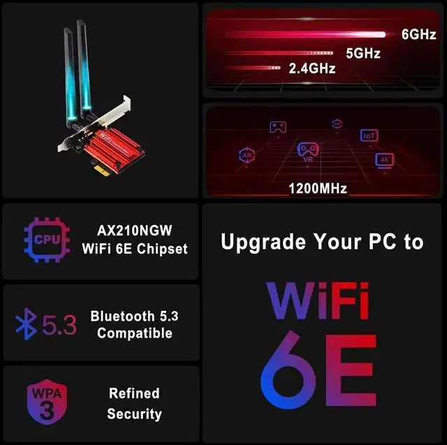 Alt view image 2 of 4 - WiFi 6E AX210 WiFi CardPCIe WiFi Wireless Network Card with Bluetooth 5.3AX5400 Tri-Band PC Wireless CardSupports OFDMA & MU-MIMO, Ultra-Low Latency, WPA3, Low-Profile Bracket, Windows 10/11