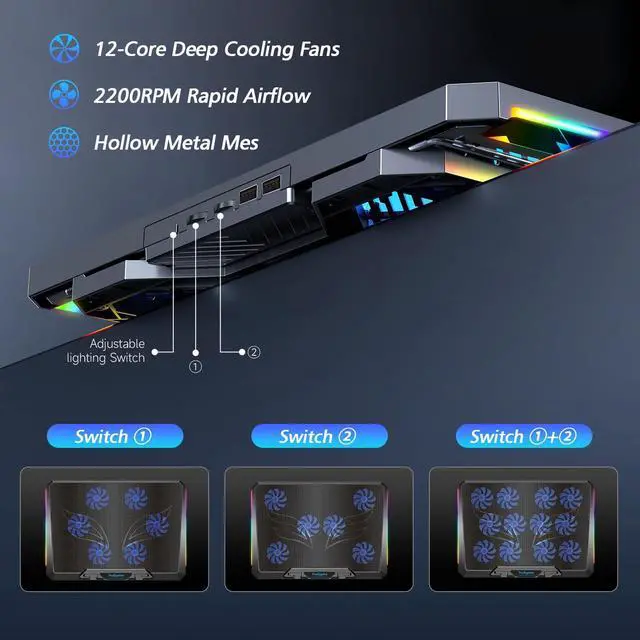 Alt view image 3 of 7 - _Mega BrandLaptop Cooling Pad with 12 Quiet Fans, Slim Portable for 12-17.3 Inch Laptop Cooler Stand with 5 Height Adjustable, Ergonomic Gaming Cooling Fan Pad with Two USB Ports & Phone Holder (Gear)