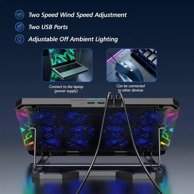 Alt view image 6 of 7 - _Mega BrandLaptop Cooling Pad with 12 Quiet Fans, Slim Portable for 12-17.3 Inch Laptop Cooler Stand with 5 Height Adjustable, Ergonomic Gaming Cooling Fan Pad with Two USB Ports & Phone Holder (Gear)