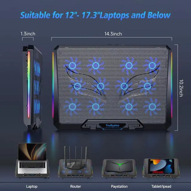 Alt view image 2 of 7 - _Mega BrandLaptop Cooling Pad with 12 Quiet Fans, Slim Portable for 12-17.3 Inch Laptop Cooler Stand with 5 Height Adjustable, Ergonomic Gaming Cooling Fan Pad with Two USB Ports & Phone Holder (Gear)