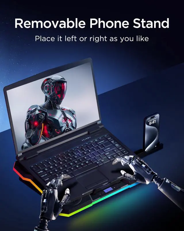 Alt view image 7 of 7 - _Mega Brand Laptop Cooling Pad, RGB Lights Laptop Cooler 9 Fans for 15.6-19.3 Inch Laptops, Gaming Laptop Fan Cooling Pad with 8 Height Stands, 2 USB Ports - A21 Blue