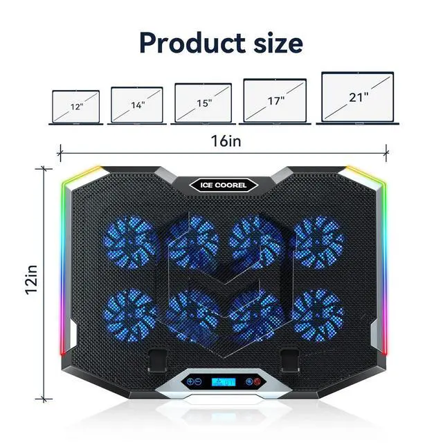 Alt view image 7 of 7 - _Mega Brand Gaming Laptop Cooling Pad with 8 Cooling Fans, Laptop Fan Cooler Pad for 15-17.3 Inch, Notebook Cooler Stand with 6 Height Adjustable, RGB Cooling Pad with Two USB Port + Phone Stand