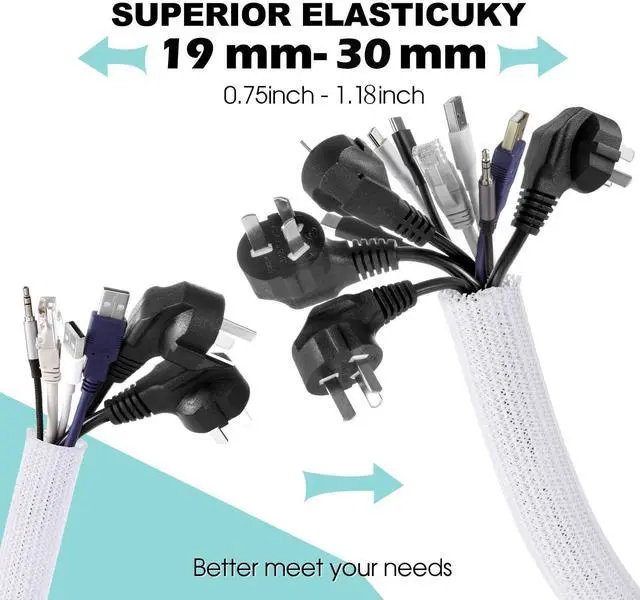 Alt view image 3 of 7 - White Cable Sleeve Cover, 2 Pack 5ft - 1.2 inch Desk Cord Organizer Cable Hider, Home Office Wire Management Computer TV Wire Loom Tubing, Pet Proof Cord Protector, from Cat Dog Chewing, White