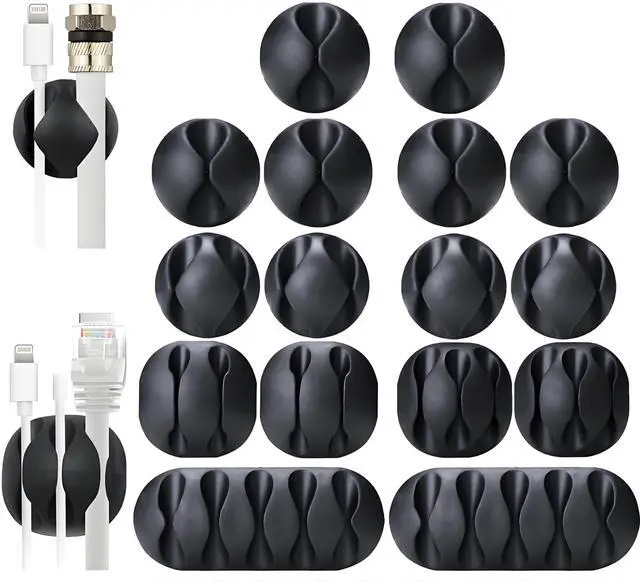 Main image of _Mega Brand 16-Pack Black Cord Organizer - Adhesive Cable Clips Holder for Desk, Wall, Car - Wire Management Clips for iPhone Charger, USB, Computer Cables -Cord Keepers with Strong Sticky Backing